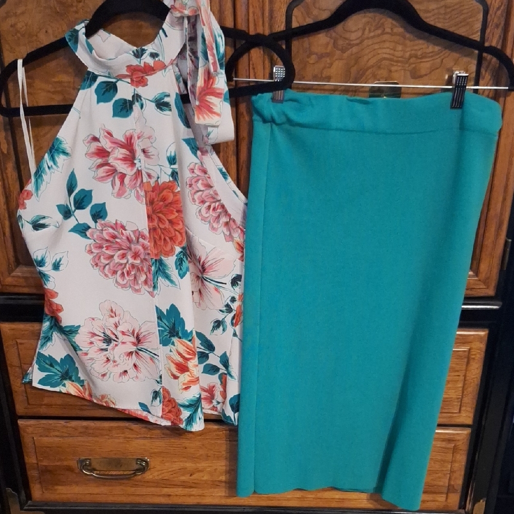 Eva Mendes for New York & Company Floral Top and Teal Skirt Set